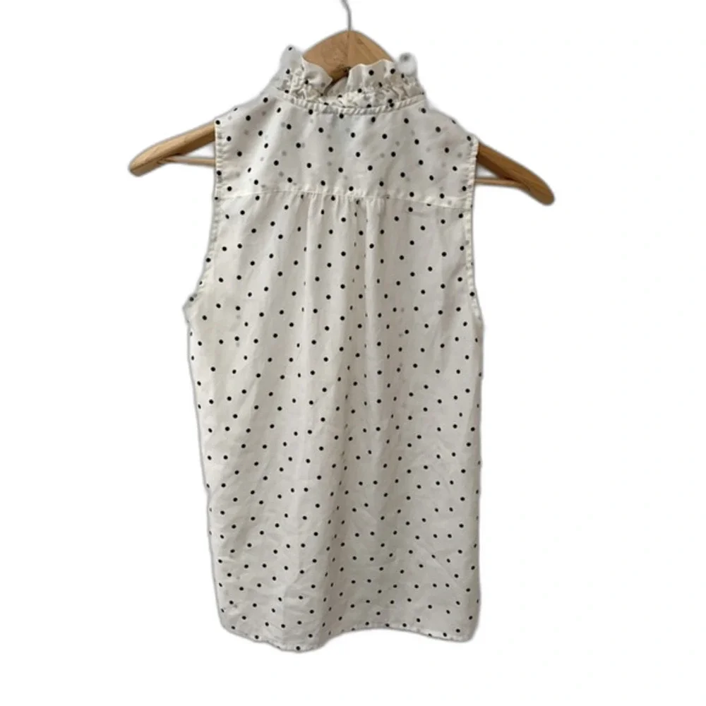 J. Crew Womens Ivory Black Dot Silky Ruffle Neck Sleeveless 1/2 Button Top Size